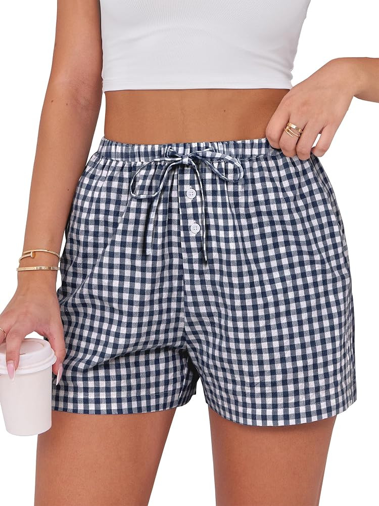 ANRABESS Women's Boxer Shorts Summer Gingham Striped Drawstring Pajama Lounge Shorts With Pockets... | Amazon (US)