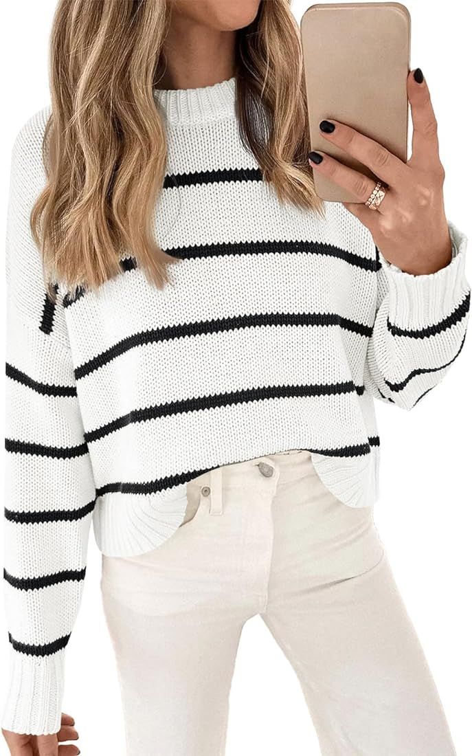 LILLUSORY Womens Striped Sweater Pullover Crewneck Knit Long Sleeve Cable Knitted Sweaters | Amazon (US)