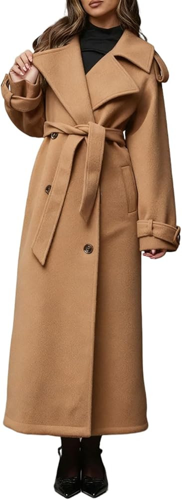 CHARTOU Women Long Pea Coat Winter Wool Trench Jacket Double Breast Notch Overcoat with Belt | Amazon (US)