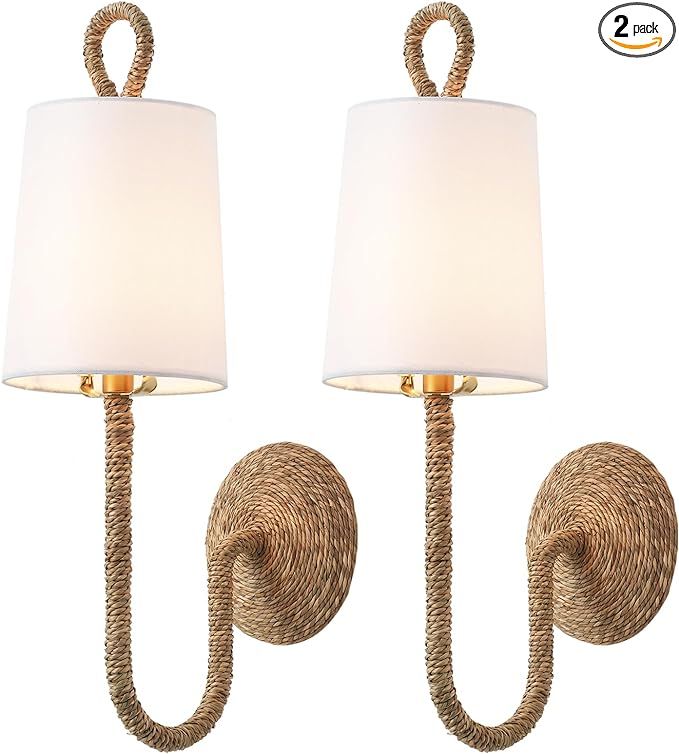 Natural Rattan Wall Sconce Set of 2, with Boho Woven Wicker and Creamy-White Fabric Shade for Van... | Amazon (US)