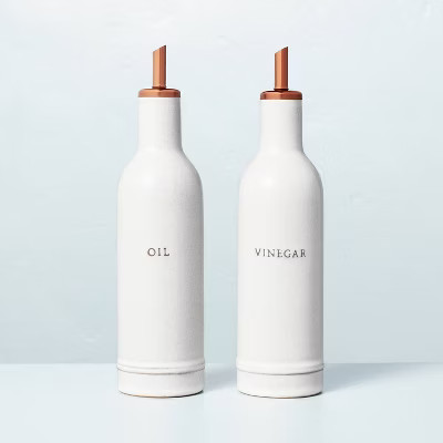 2pc Oil & Vinegar Stoneware Bottle Set Cream/Copper - Hearth & Hand™ with Magnolia | Target