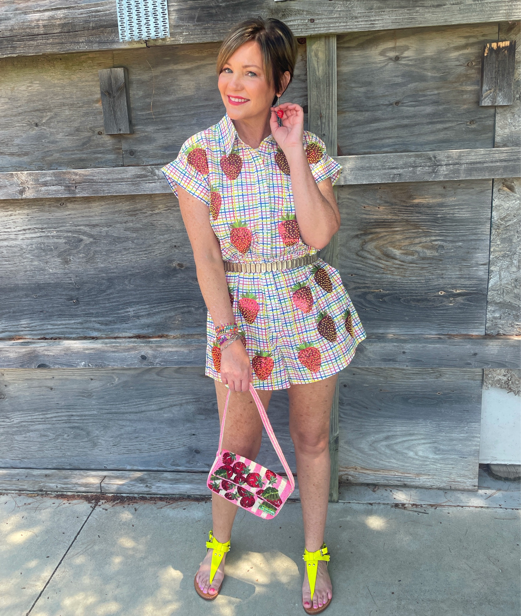 Queen of sparkles romper
Beaded strawberry bag similar to staud bag Anthropologie strawberry earrings neon yellow sandals 

#LTKStyleTip #LTKSeasonal #LTKFindsUnder50
