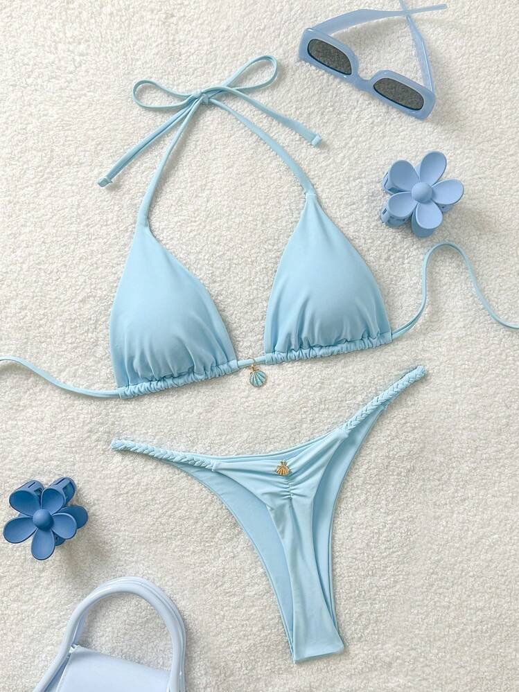 Soleia Conjunto de bikini de dos piezas para mujer de unicolor con Top halter y tiras sexy para p... | SHEIN