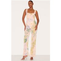 Pink Floral Printed Chiffon Corset Detail Flared Jumpsuit | PrettyLittleThing US