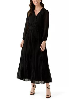 Sandra Darren Women's 3/4 Sleeve Solid Belted Midi Chiffon Fit and Flare Dress, Black, X-Large | Belk