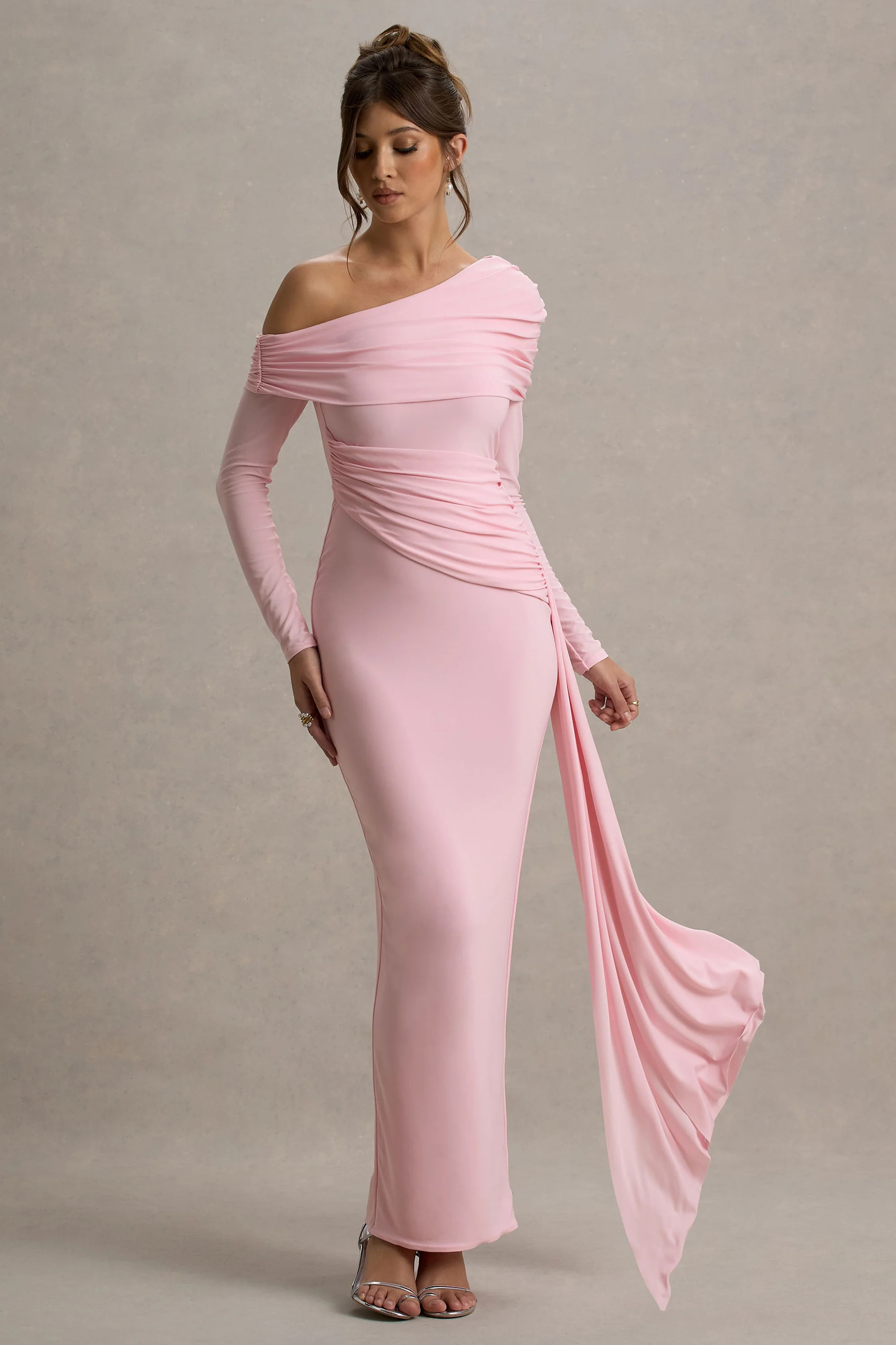 Valina | Pink Ruched Asymmetric Maxi Dress With Drape | Club L London