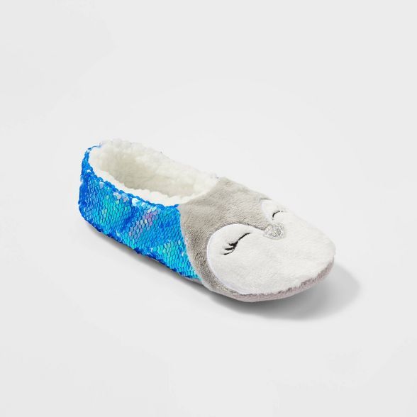 Women's Penguin Flip Sequin Pull-On Slipper Socks - Blue/Gray | Target