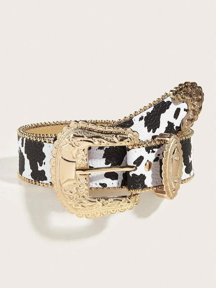 1pc Women Bead Decor Geometric Buckle Decor Cow Print Fashionable Belt For Daily Decoration
     ... | SHEIN