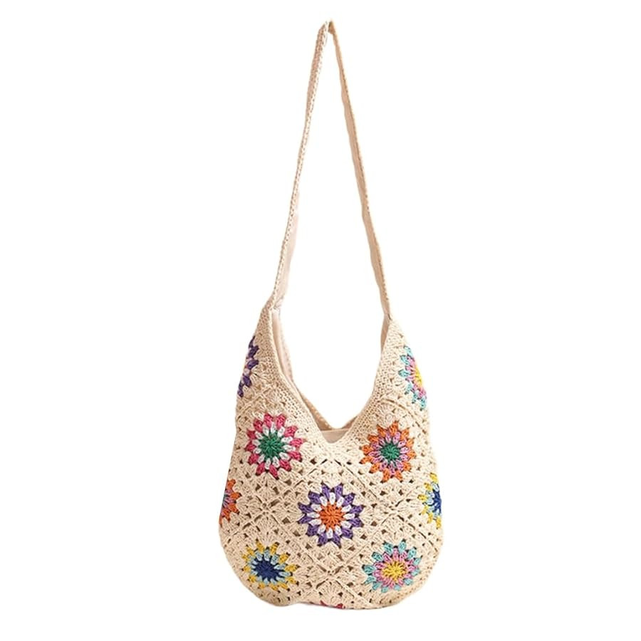 Women Knitted Shoulder Bag Beach Handbag Purse Colorful Flowers Crossbody Female Crochet Vacation | Amazon (US)