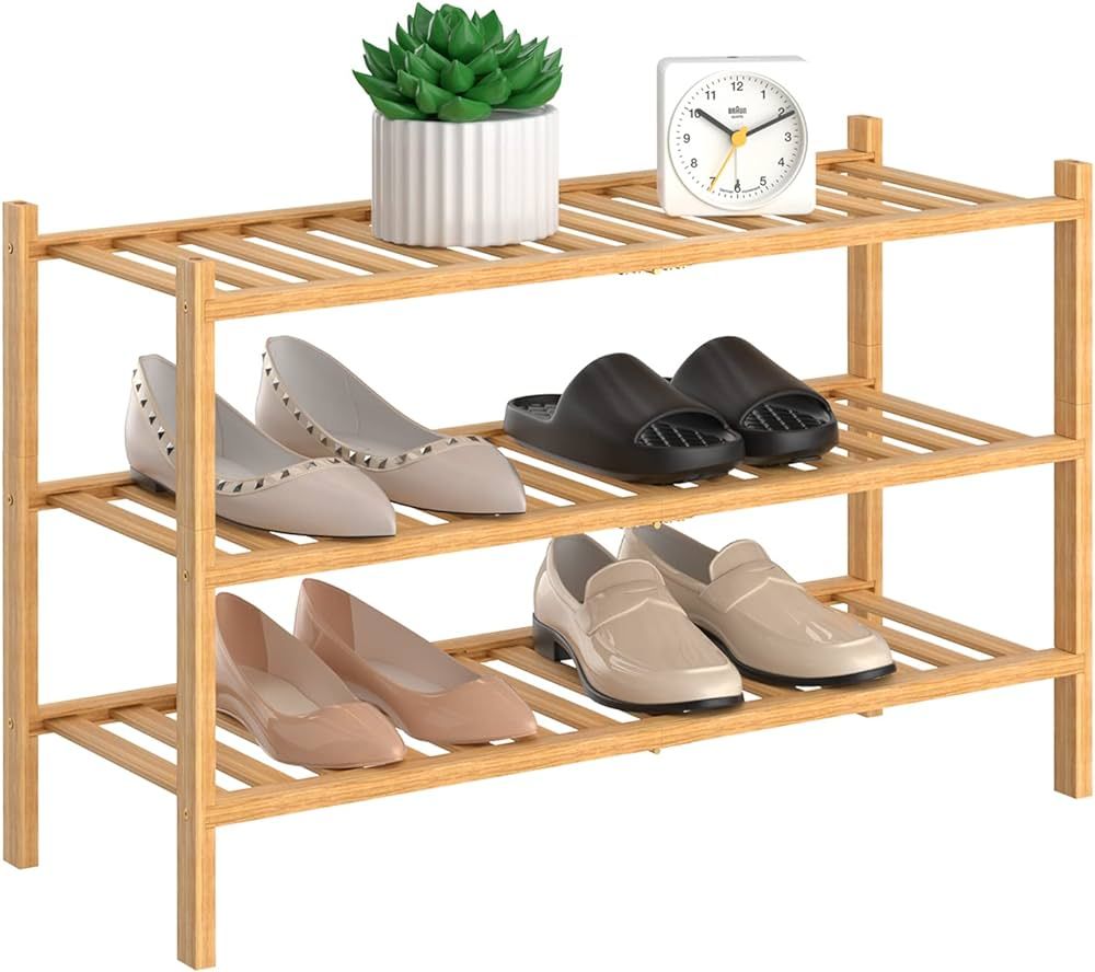 3-Tier Natural Bamboo Shoe Rack - Stackable Storage Shelf with Multi-Function Combinations - Free... | Amazon (US)