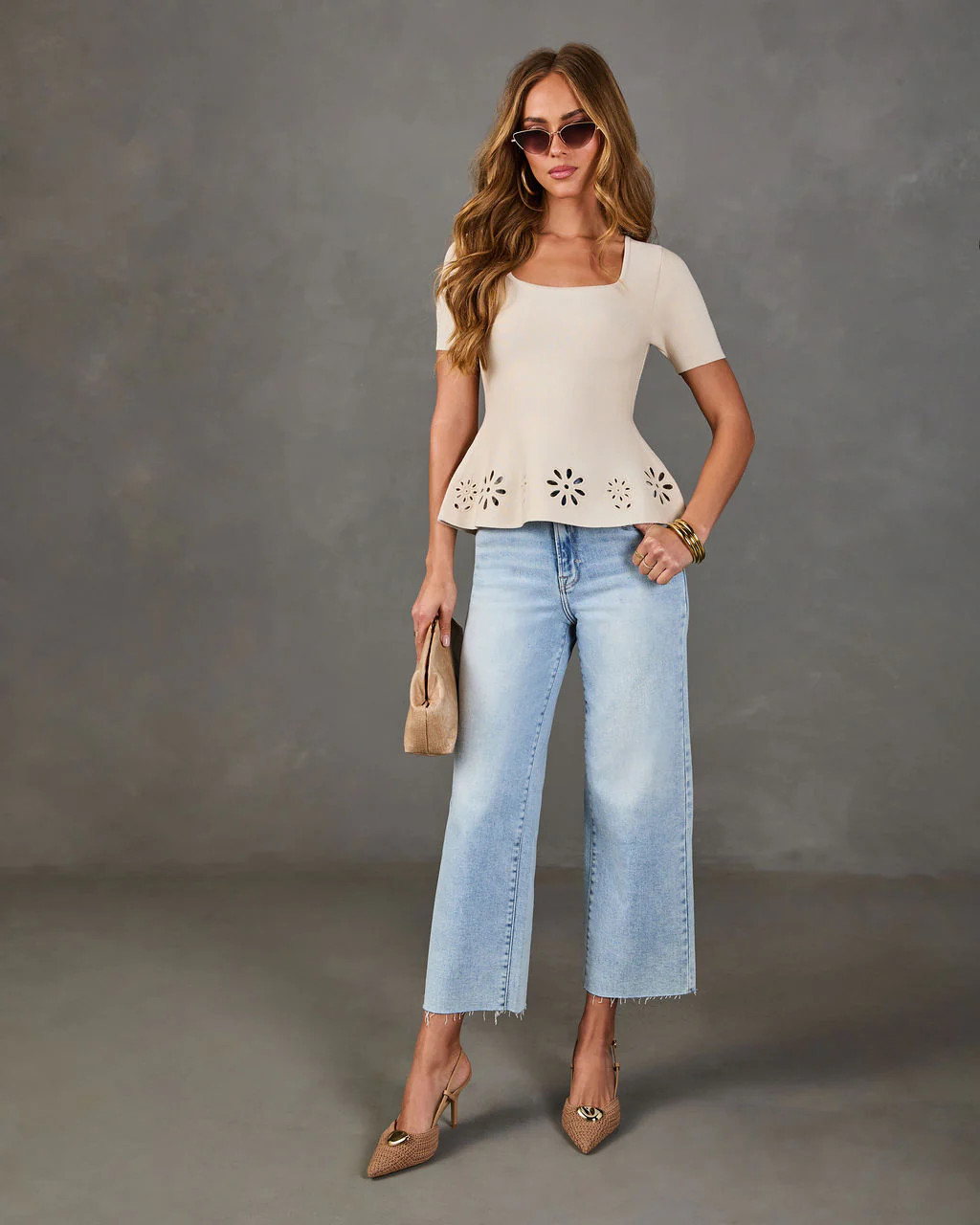 Easy Afternoon Floral Cut Out Peplum Top | VICI