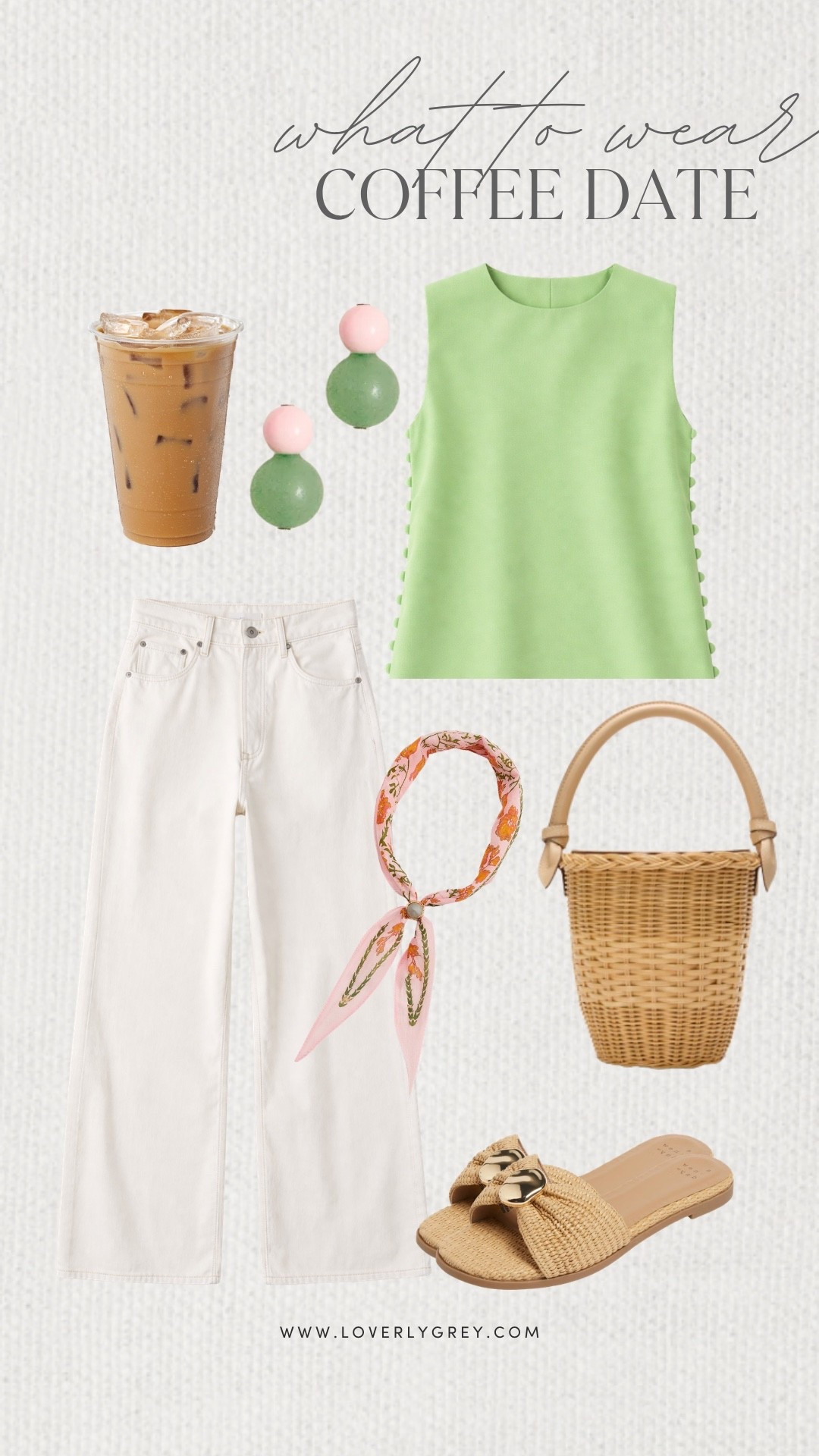 Loverly Grey, what to wear for a coffee date! A fun green top with button details running down the side paired with white pants! Accessorize the look with a silk scarf, fun earrings, and a woven bucket bag!

#LTKdayinmylife #LTKootd #LTKgrwm
