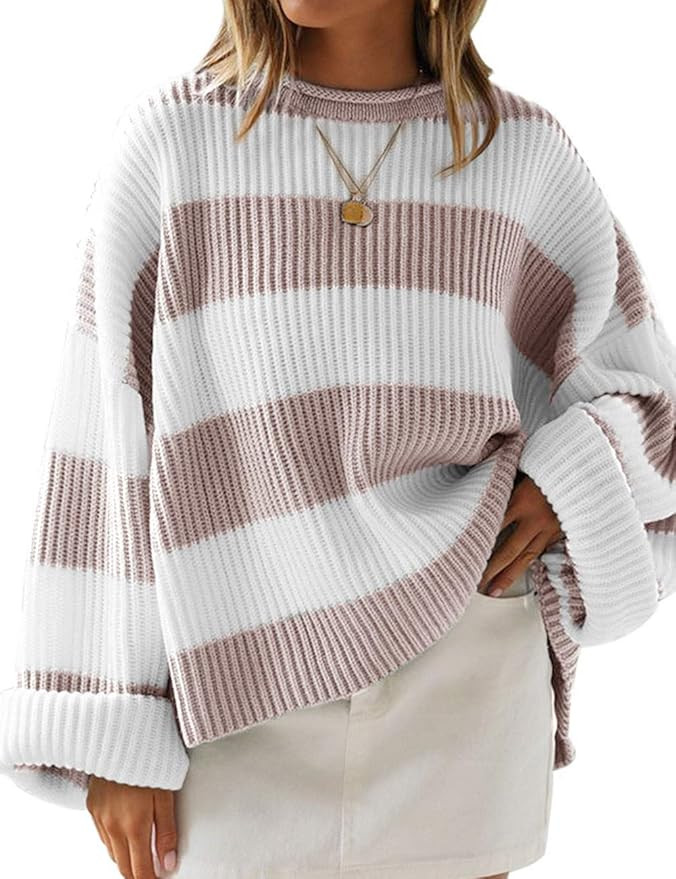 ZESICA Women's Long Sleeve Crew Neck Striped Color Block Comfy Loose Oversized Knitted Pullover S... | Amazon (US)