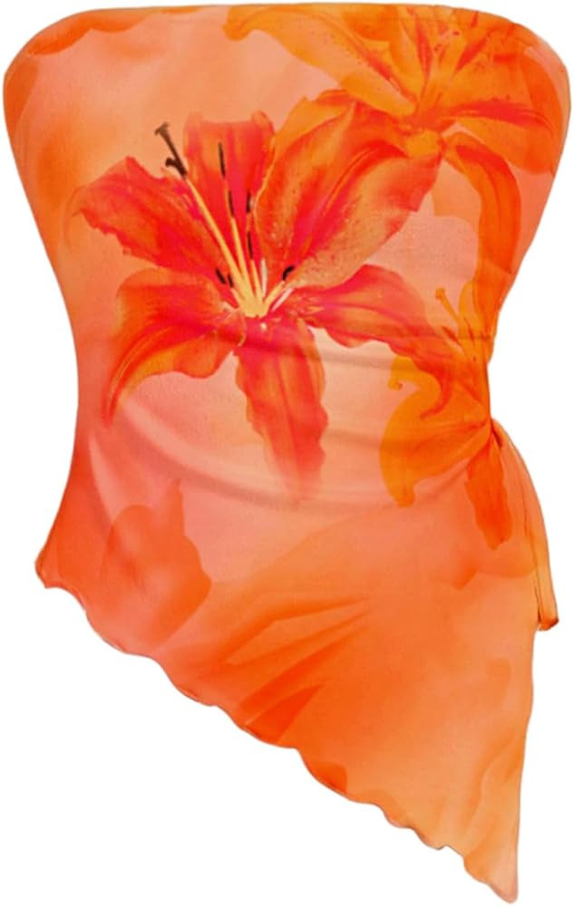 WDIRARA Women's Floral Mesh Strapless Side Ruched Tube Top Asymmetrical Hem Bandeau Crop Tops | Amazon (US)