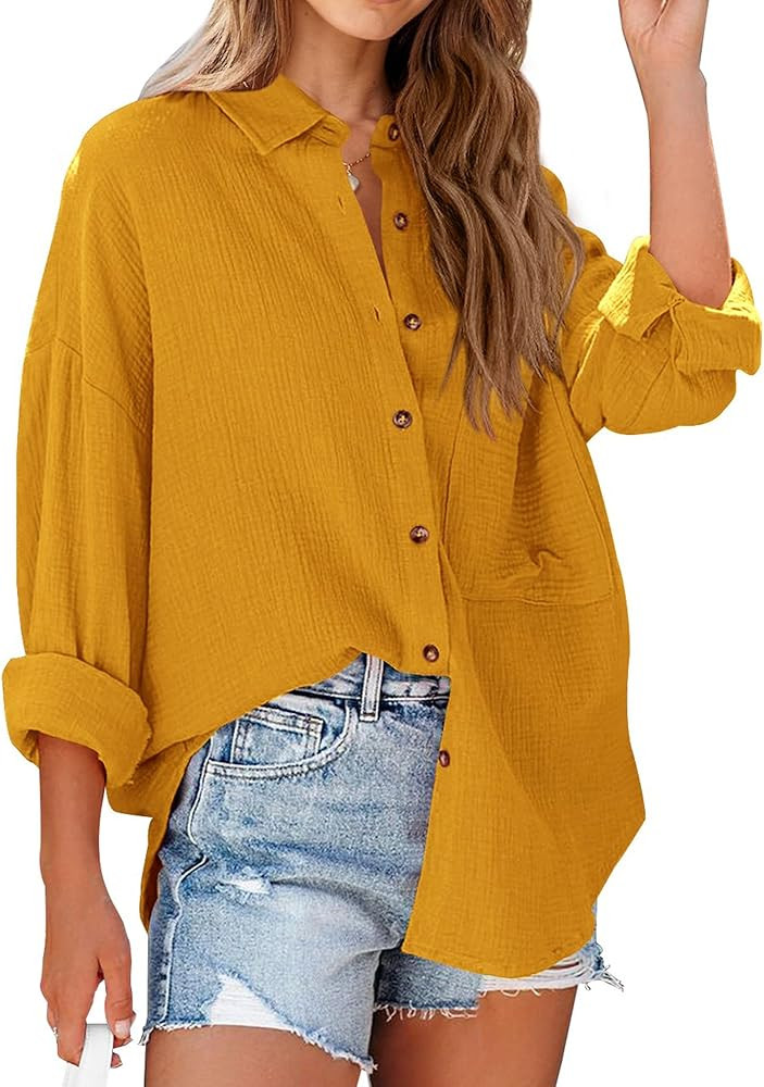 NOLLSOM Casual Shirts for Women Long Sleeve Button Down Blouses Fall 2024 Solid Color Trendy Tops... | Amazon (US)