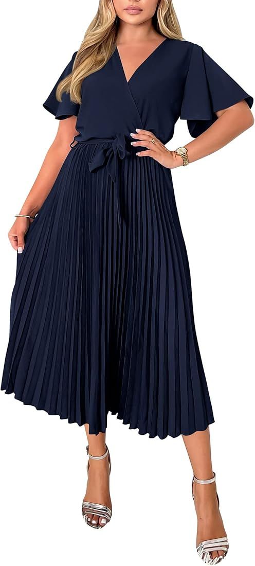 BTFBM Women Wrap V Neck Casual Summer Dresses 2023 Short Sleeve Satin Tie Waist Pleated Flowy Wed... | Amazon (US)