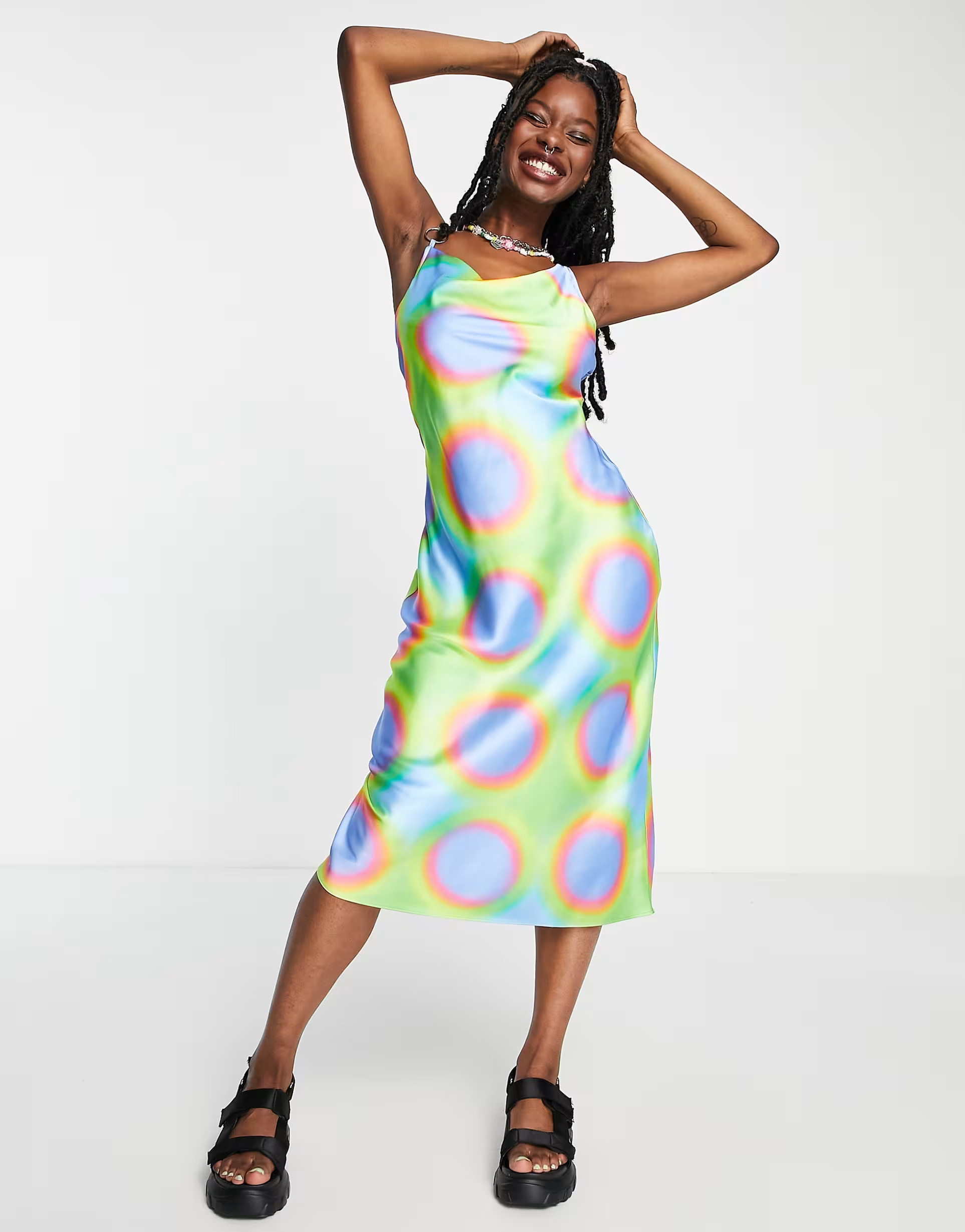 COLLUSION cowl neck metal ring detail printed satin maxi slip dress in multi | ASOS (Global)