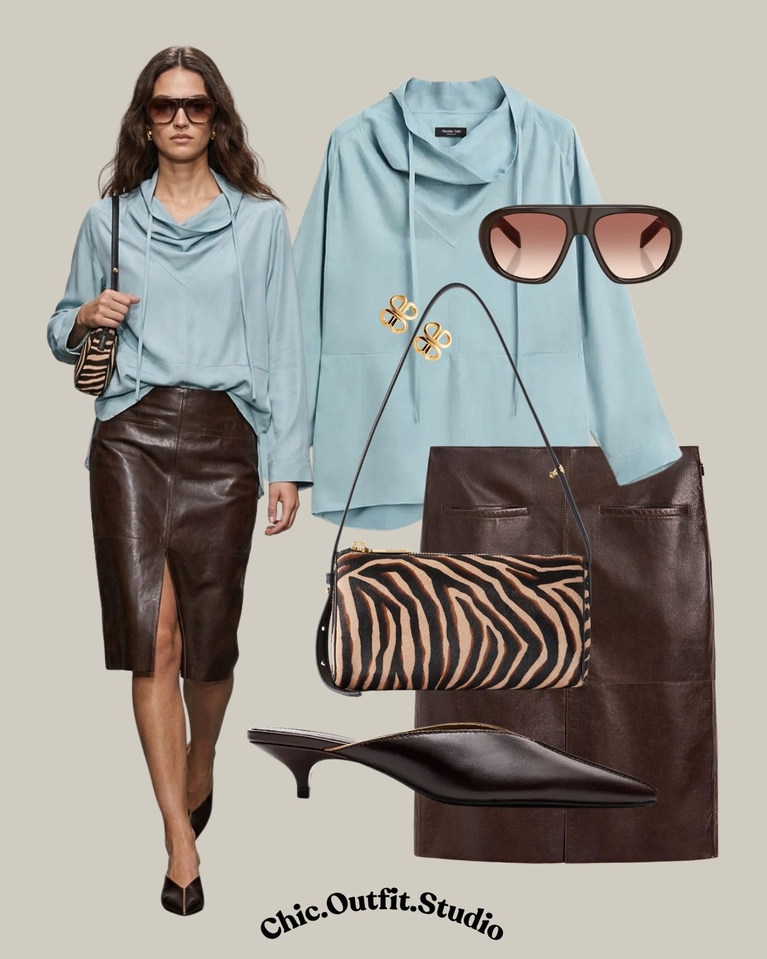 Powder Blue Blouse & Chocolate Leather Skirt | Chic Transitional Outfit

✨A soft powder blue blouse paired with a chocolate brown leather midi skirt creates a sophisticated pre-fall look with a beautiful contrast of cool blue and rich chocolate. The relaxed drape of the blouse balances the sleek leather skirt, while pointed brown slingback heels and a statement animal-print bag add an elevated fashion-forward finish. 

✨Perfect for lunch dates, dinners, creative office days, gallery visits, fashion events, or a polished city outfit.

✨Tags: powder blue blouse outfit, blue blouse brown skirt outfit, chocolate brown leather skirt outfit, leather midi skirt outfit women, brown leather skirt outfit, blue and brown outfit women, animal print bag outfit, brown slingback heels outfit, pre fall outfit women, transitional outfit women, elegant fall outfit, elevated feminine style, European style outfit, chic city outfit, date night outfit women, business casual outfit women, fall fashion inspiration, sophisticated outfit women, statement accessory outfit

#LTKautumn #LTKbag #LTKshoes
