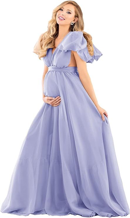 Chiffon V Neck Maternity Dress Robe for Photoshoot Maternity Pregnancy Baby Shower Sheer Puffy Go... | Amazon (US)