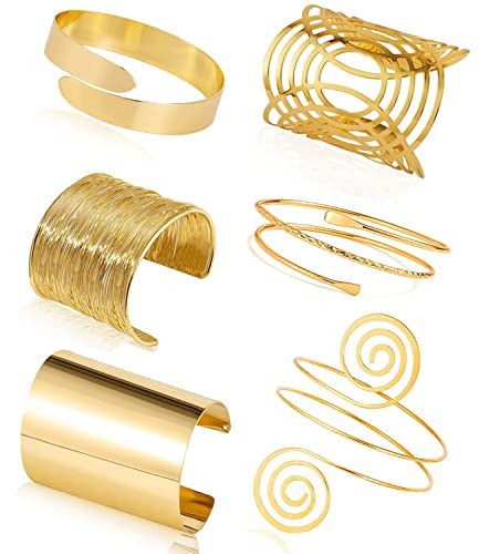 COLOYAN 6Pcs Gold Arm Cuff - Upper Arm Cuff Bangle Bracelet Set Adjustable Minimalist Simple Coil Bangle Wide Wire Grooved Cuff Open Arm Band Cuff Armlet Armlet Armband Bracelets for Women | Amazon (US)
