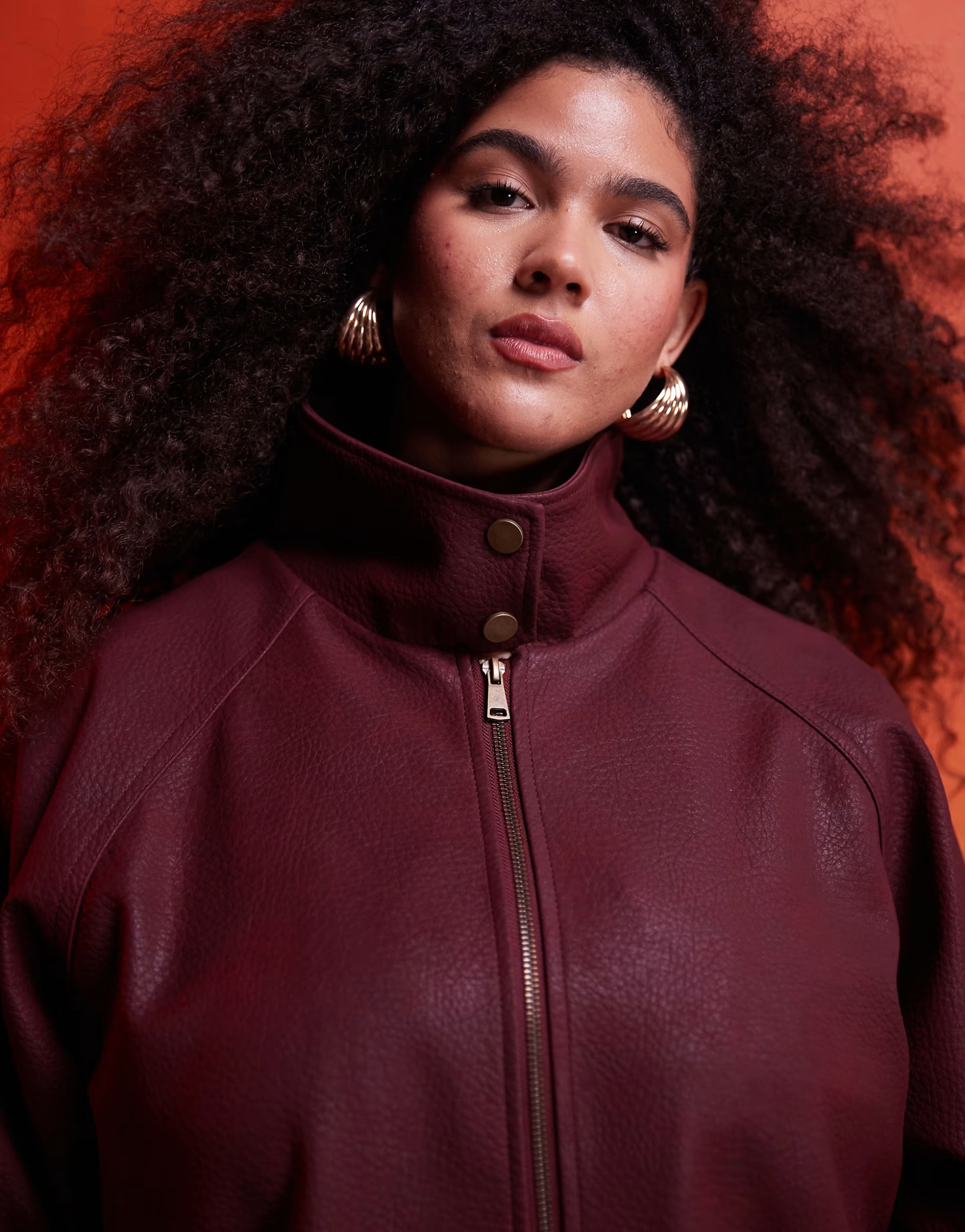 ASOS DESIGN Curve leather look bomber jacket in burgundy | ASOS (Global)