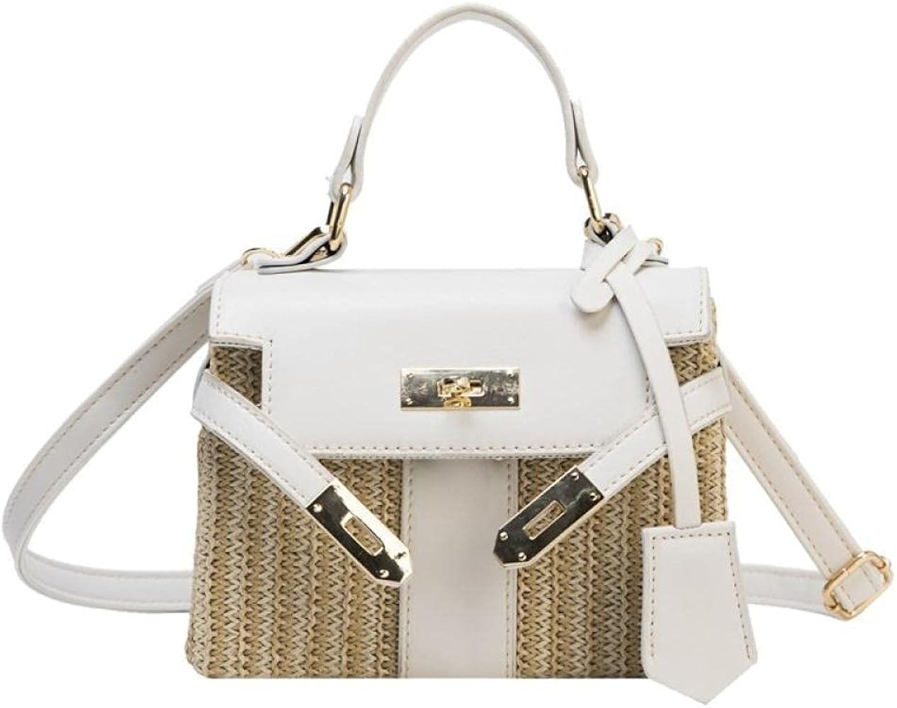 Straw Women Handbags Wicker Woven Shoulder Crossbody Bags Lock Pu Summer Beach Rattan Small Flap | Amazon (US)