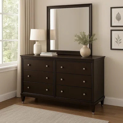Amber Wide Dresser With Mirror, 6 Drawers, Brown Wood, Silver Knobs | Wayfair North America