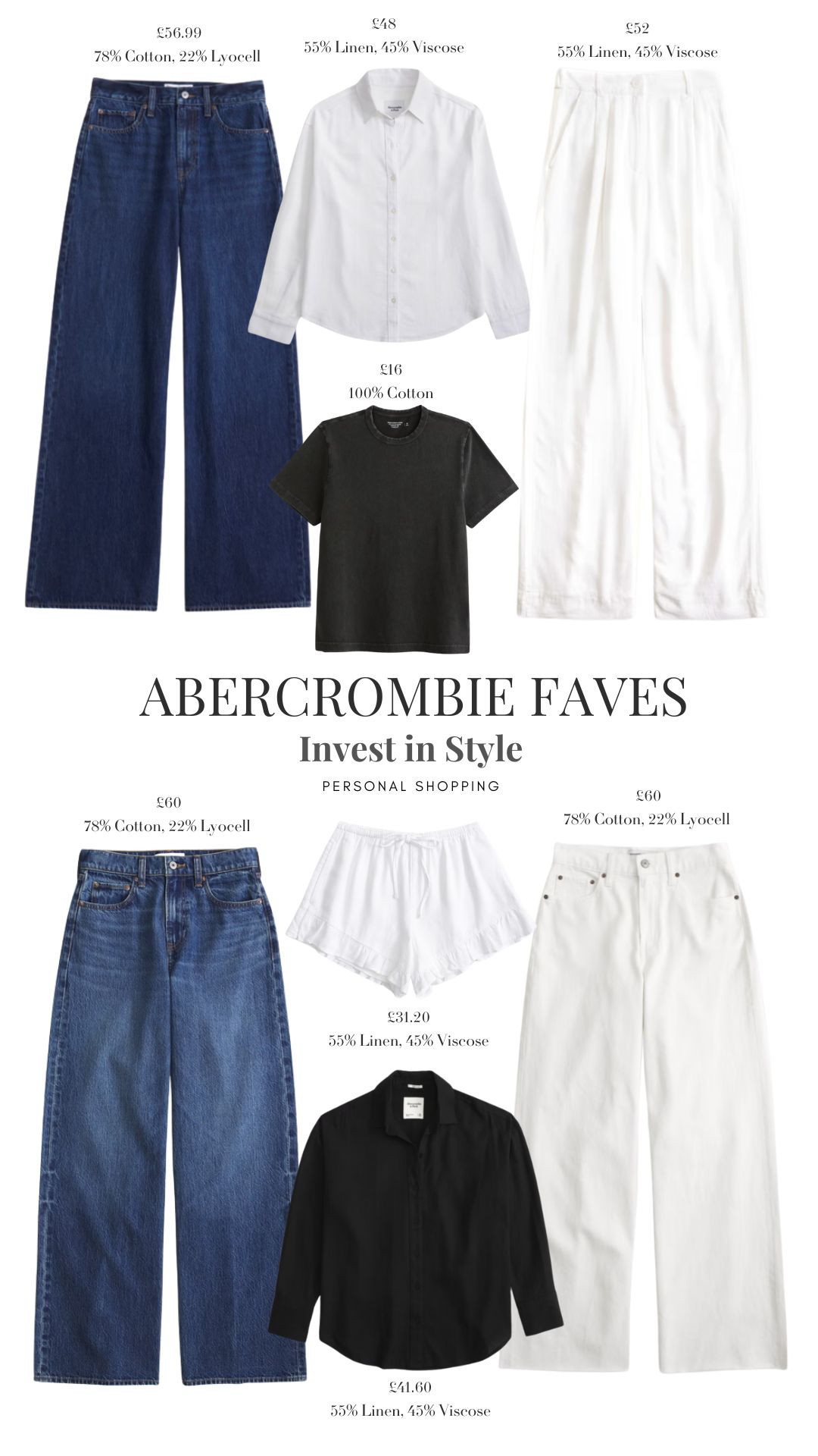 My Current Abercrombie Faves! Use Code AFXLTK for 20% off! Finishes 25 April . 

Wide Leg Jeans Outfit, White Linen Trousers, Classic White Shirt, Black Linen Shirt, Neutral Capsule Wardrobe, Summer Denim And Linen, High Street Wardrobe Staples 

 

#LTKspring #LTKxAFSale #LTKsummer