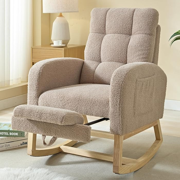NIOIIKIT Modern Nursery Rocking Chair, Teddy Upholstered Rocking Chair with Footrest, Comfortable... | Amazon (US)