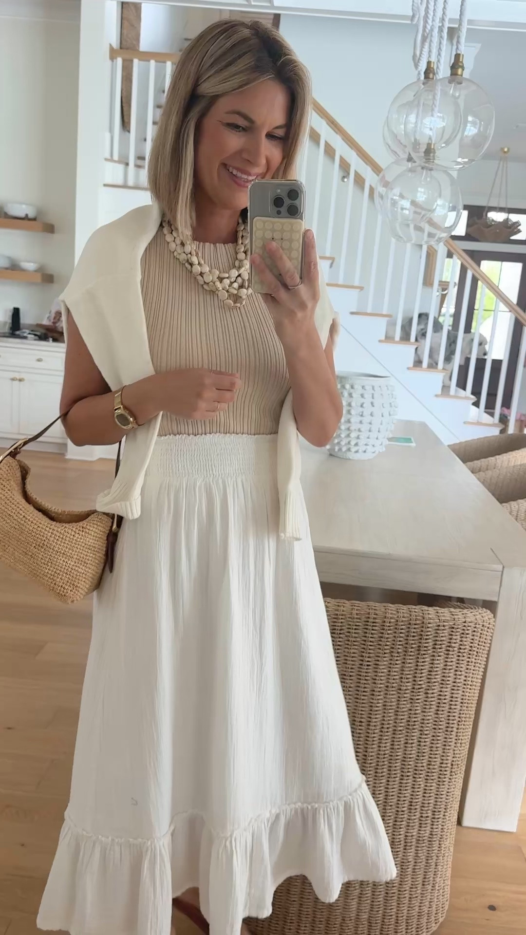 Small skirt. Small tank. Small cardigan.  this skirt would look so cute with a chambray shirt for fall.  Sandals true to size.

#LTKOver40 #LTKTall #LTKgrwm