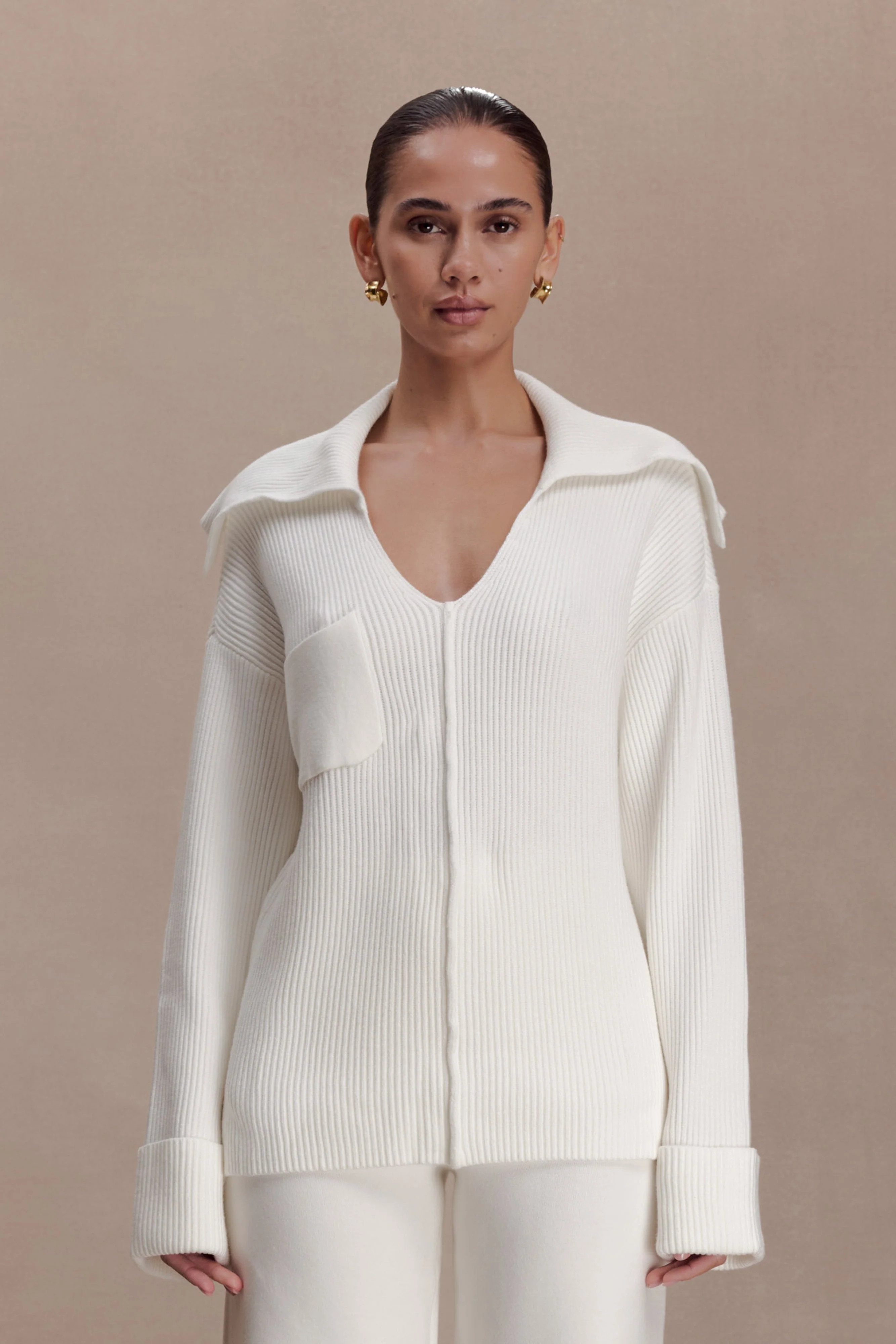 Bianka V Neck Knit Jumper - Off White | MESHKI US