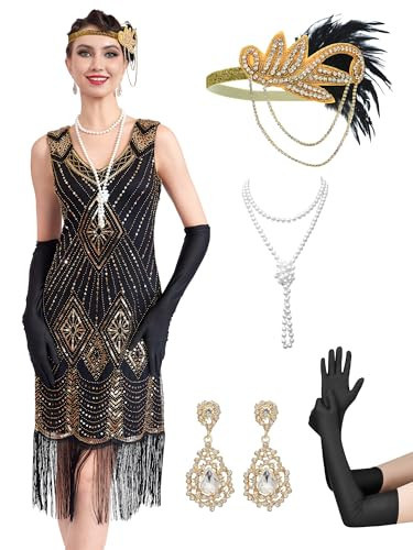 MTITE Flapper Dresses 1920s, Great Gatsby Dresses Roaring 20s for women, Fringed Sequin Costume with accessories (BLACK GOLD, M) | Amazon (US)