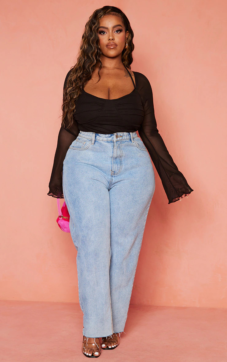 Plus Black Mesh Sleeve Halter Neck Bodysuit | Pretty Little Thing (Australia & New Zealand)