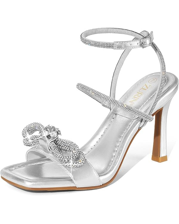 ZURIN Women's Rhinestone Bow Heels Square Toe Strappy Heeled Sandals Sparkle Stiletto High Heels ... | Amazon (US)