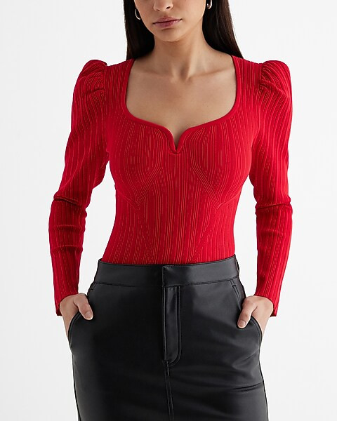 Ribbed Sweetheart Neckline Puff Sleeve Sweater | Express