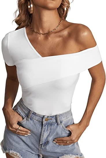Romwe Women's Casual Cross Off Shoulder Deep V Neck Ribbed Knit Slim Wrap Tee Shirt Blouse at Ama... | Amazon (US)