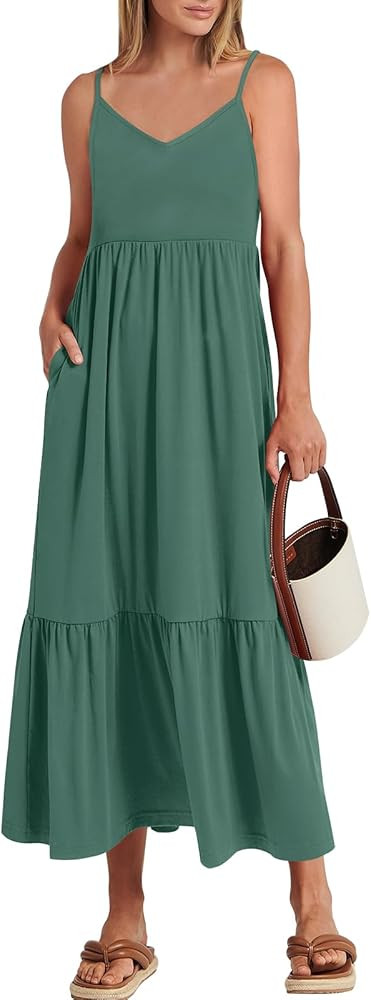 ANRABESS Women's 2024 Summer Dress Casual V Neck Spaghetti Strap Swing Dresses Flowy Beach Vacati... | Amazon (US)