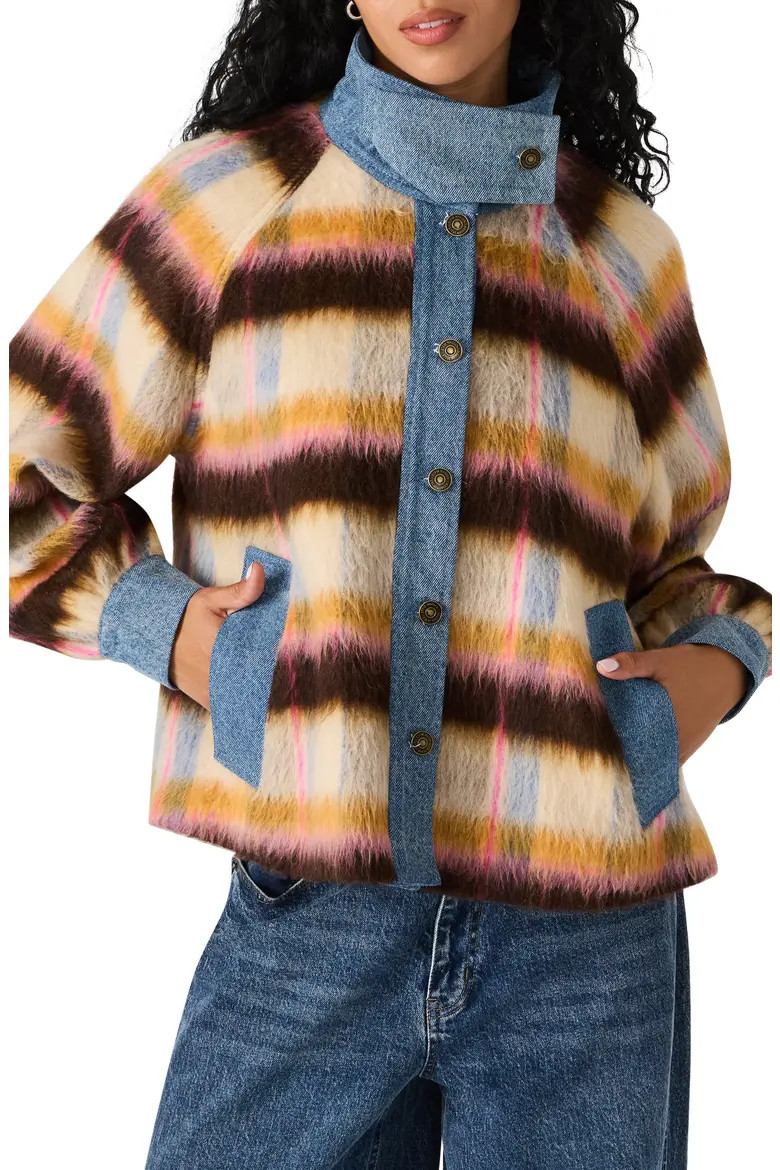 Steve Madden Kaylen Denim Trim Stripe Wool Blend Jacket in Forever Blue at Nordstrom, Size X-Large | Nordstrom