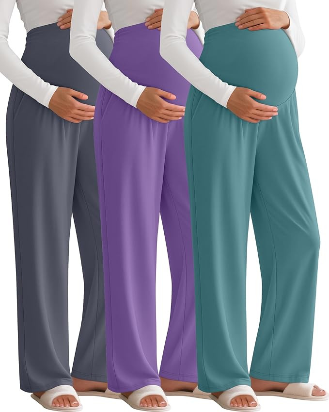 3 Pack Women's Maternity Pants Over The Belly Pregnancy Pants Stretchy Loose Wide Leg Lounge Paja... | Amazon (US)