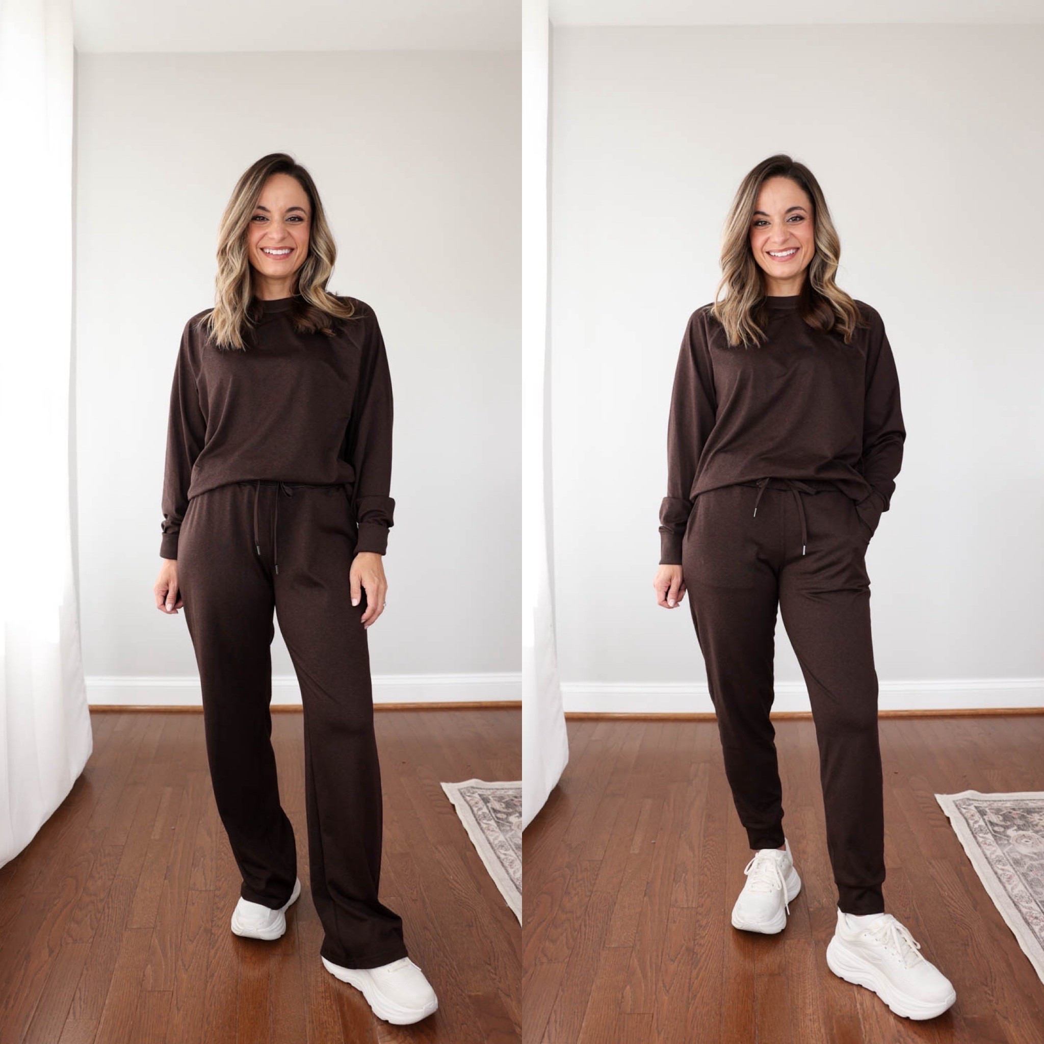 The Flowknit sets at @Quince are soft and silky perfect for lounging and travel! Here’s a side by side look at the how the joggers and wide-leg pants fit my 4’10” frame.

Flowknit Pullover Crew: xs 
Flowknit Mid Rise Joggers: xs 25” inseam 
Flowknit Wide Leg Pants: xs 28.5” inseam