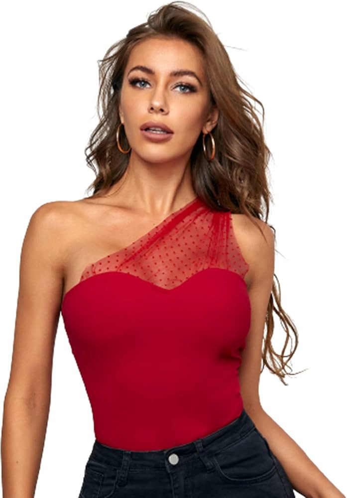 WDIRARA Women's Mesh Polka Dots One Shoulder Sleeveless Slim Fit Elegant Top | Amazon (US)