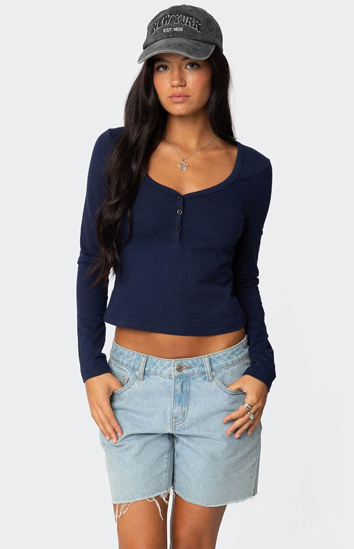 Edikted Women's Leah Henley Top in Navy - Size XL | PacSun