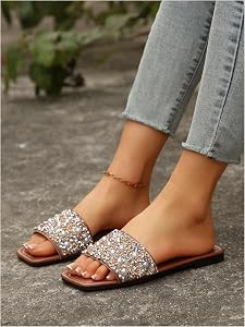 BEAUDRM Women's Sparkly Dressy Sandals Glitter Pearls Beaded Slippers | Amazon (US)
