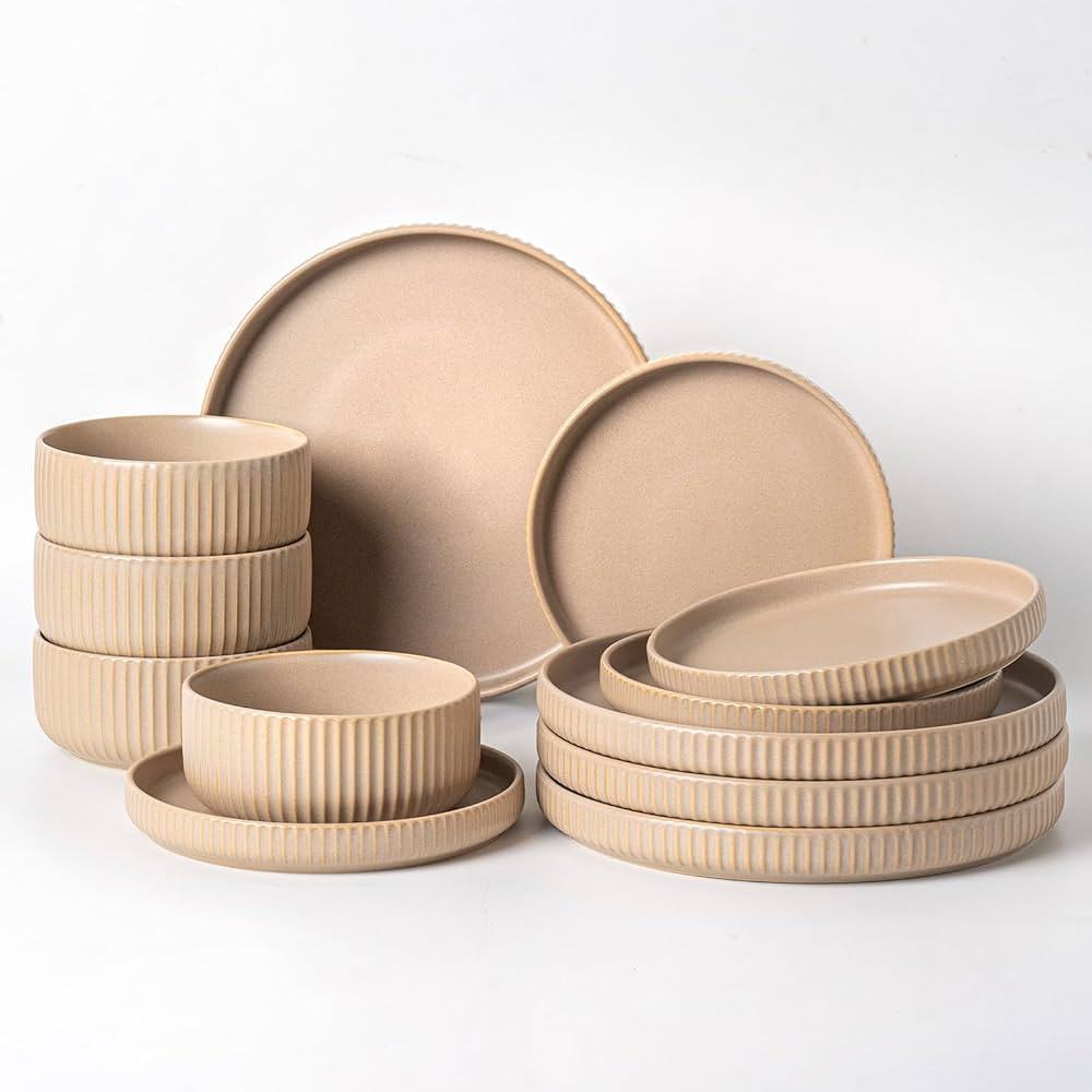 Dinnerware Sets for 4,Dylan Ceramic Microwave Safe Plates and Bowls Sets,12 Piece Matte Chip Resi... | Amazon (US)