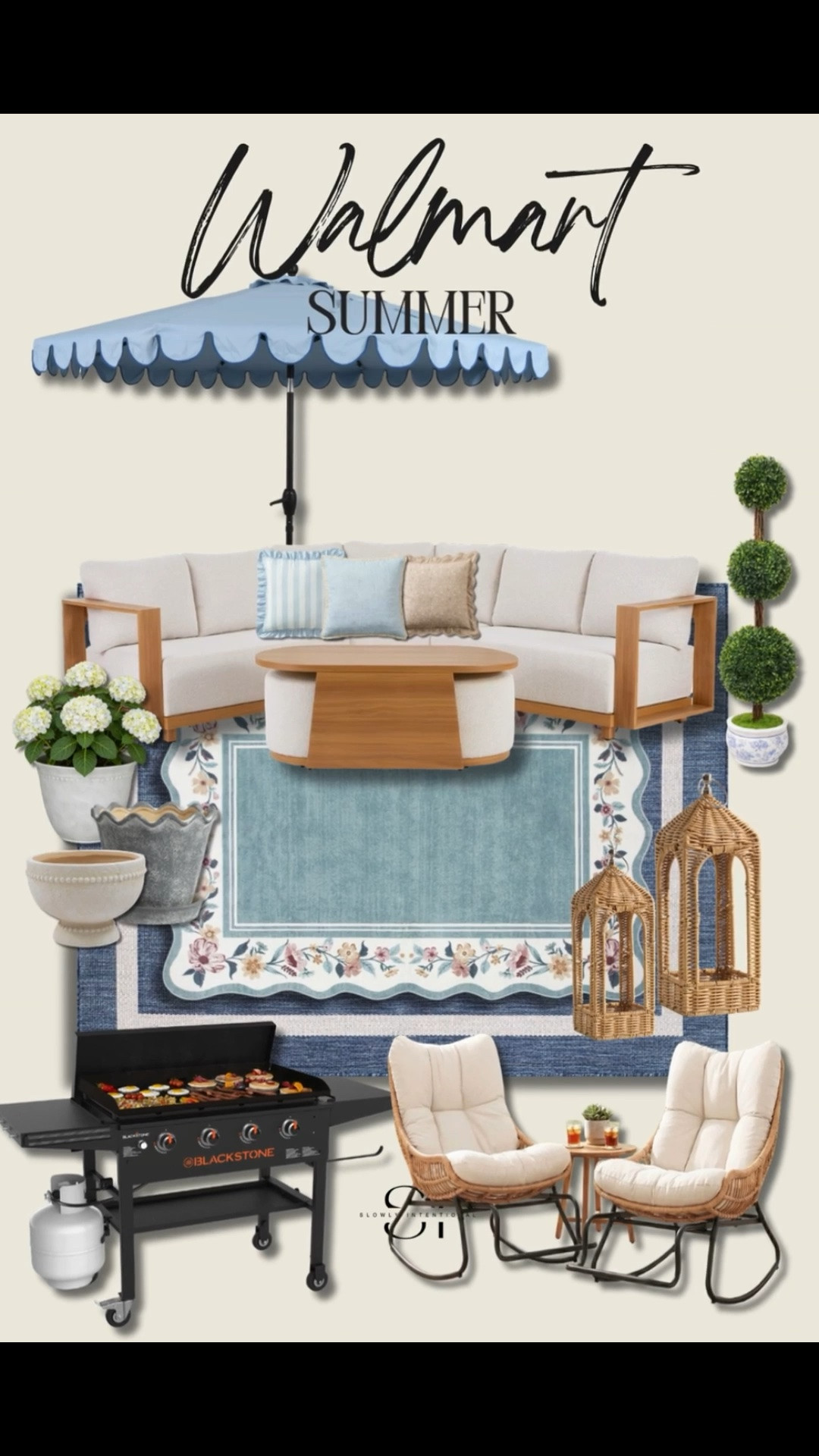 Walmart Home, patio furniture, outdoor living, scalloped umbrella, summer patio decor, Blackstone grill, coastal outdoor, wicker rocking chairs, affordable home finds, grandmillennial decor

#LTKHome