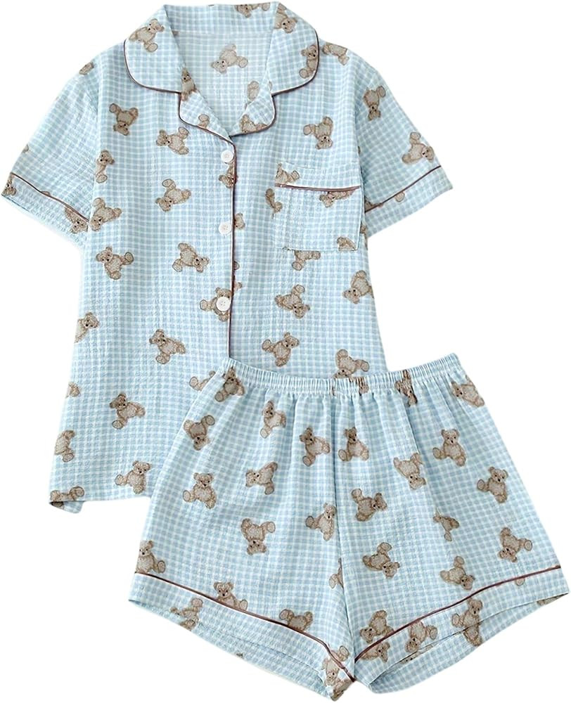 Verdusa Women's 2 Piece Pajama Sets Cute Printed Pj Set Button Up Shirts with Shorts Lounge Sleep... | Amazon (US)