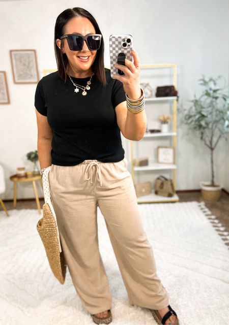 Amazon wide leg trousers will be a closet staple this summer! These fit my curves so well and I love how flowy and lightweight these are without being see through!  Lots of colors. Size xl in mine. XXL ribbed tee. Sandals run tts  

#LTKOver40 #LTKSeasonal #LTKMidsize