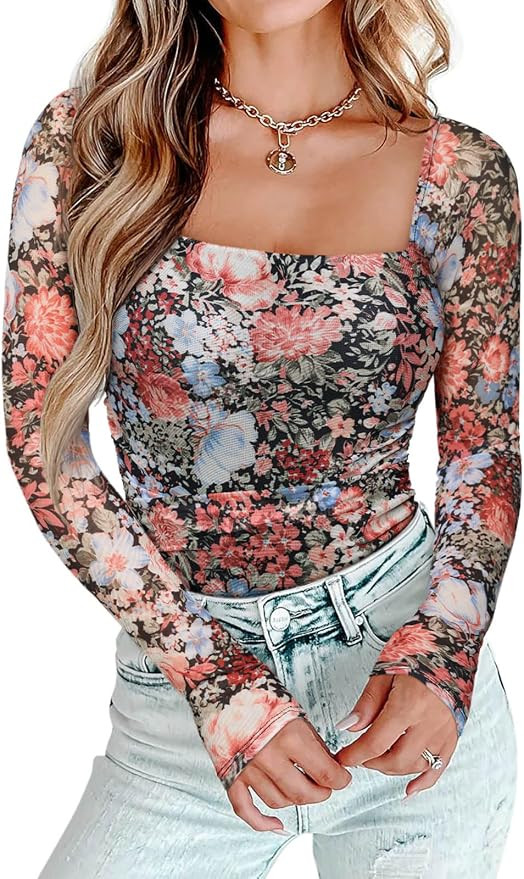 PINKMSTYLE Womens Square Neck Mesh Long Sleeve Bodysuit Shapewear Corset Tops Sexy Concert Outfit... | Amazon (US)