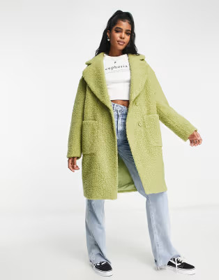 The Frolic faux shearling pea coat in sage green | ASOS (Global)