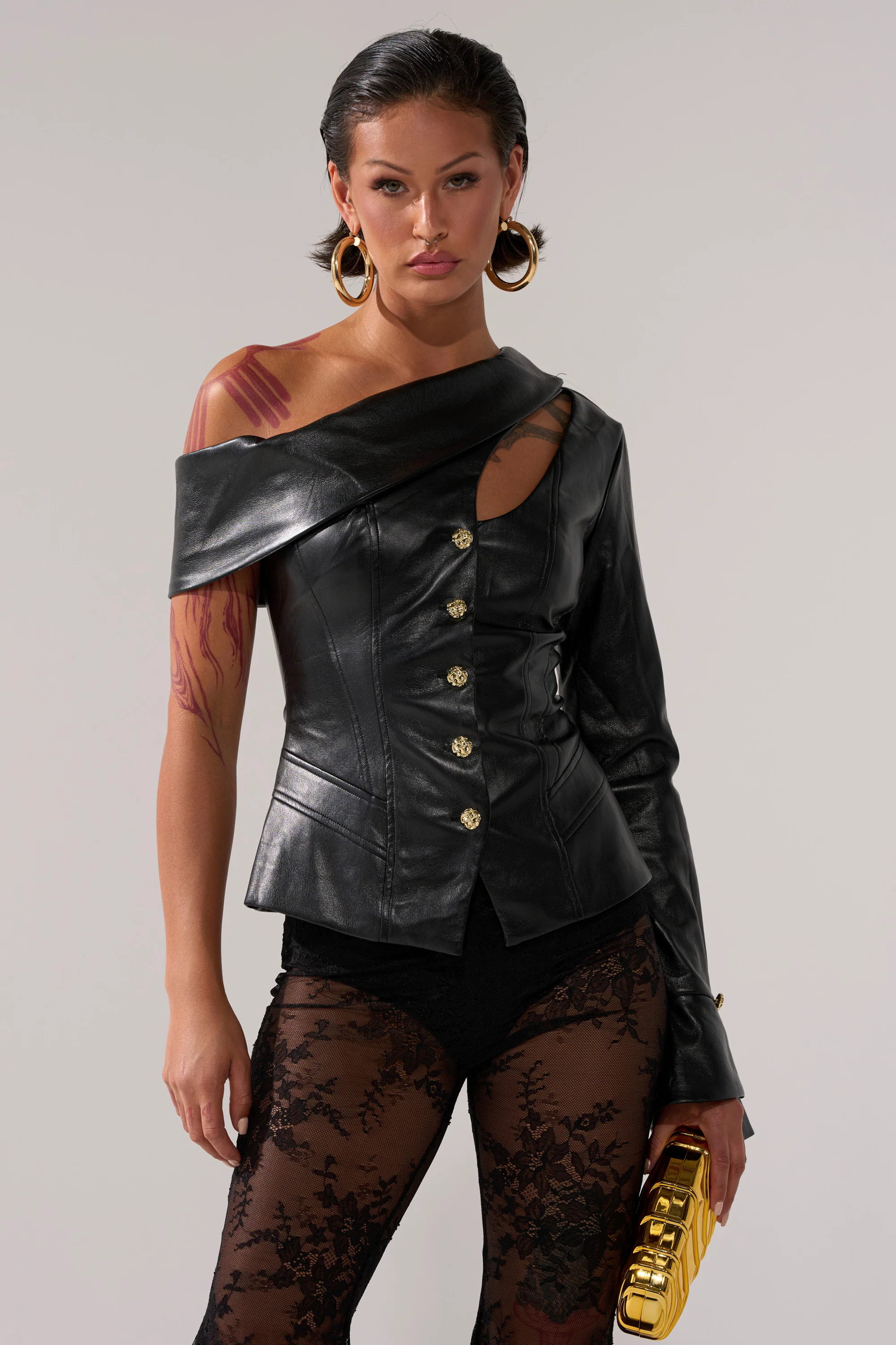 YOU GOT ME FEELING FAUX LEATHER BUTTON DOWN | AKIRA